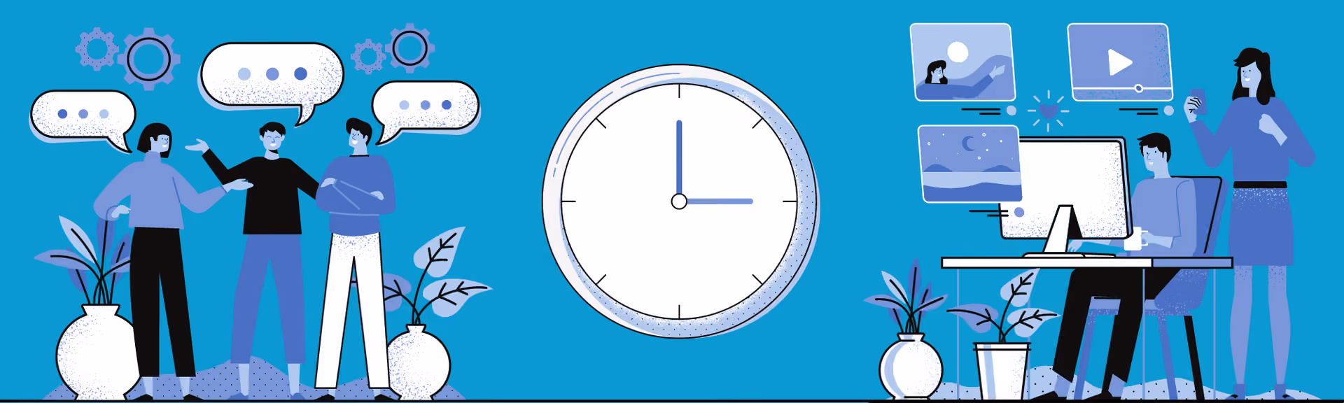 A blue banner illustration: three colleagues talking in speech bubbles, a large clock, and someone at a desktop surrounded by floating images and a video player