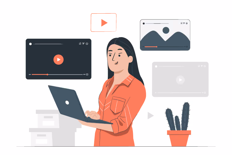 Female Cartoon Character Watching Video On Laptop Screen