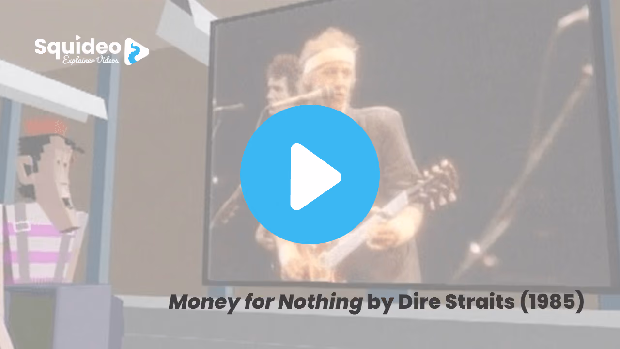 A still from Money for Nothing by Dire Straits, 1985: blocky early computer animation of a delivery man in a shop, watching live concert footage playing on a television