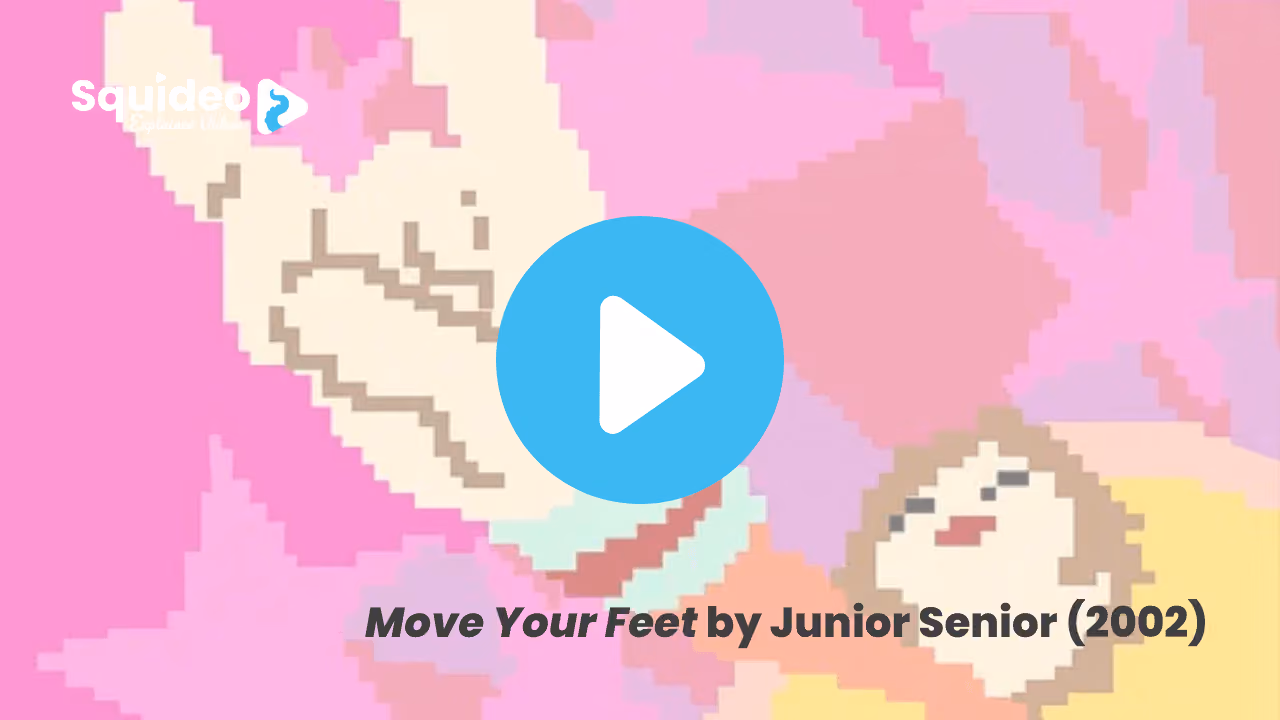 A still from Move Your Feet by Junior Senior, 2002: chunky low-resolution pixel art in hot pink and cream