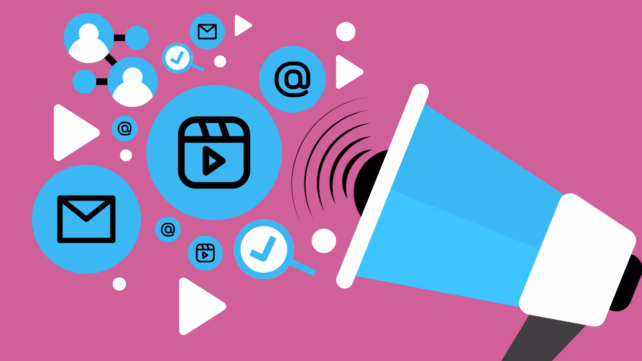 A megaphone on pink, broadcasting icons for video, email, at-signs, ticks and connected people