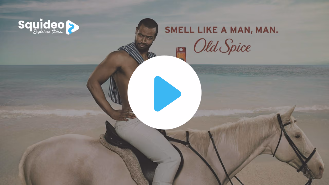 A man bare-chested on a white horse on a beach, under the line 'Smell like a man, man' and the Old Spice logo