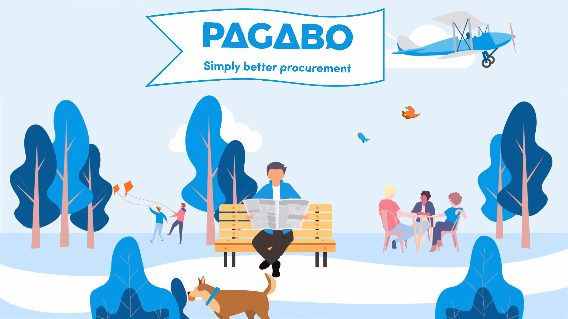 A Pagabo thumbnail: a park scene with a man reading a newspaper on a bench, children flying a kite, friends at a table and a dog trotting past, under a banner reading 'PAGABO — simply better procurement' towed by a biplane