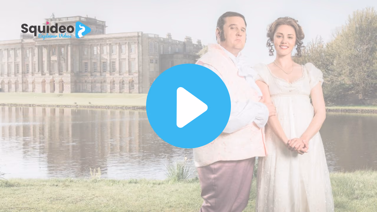 Peter Kay in Regency dress beside a woman in an empire-line gown, posed in front of a stately home and its lake
