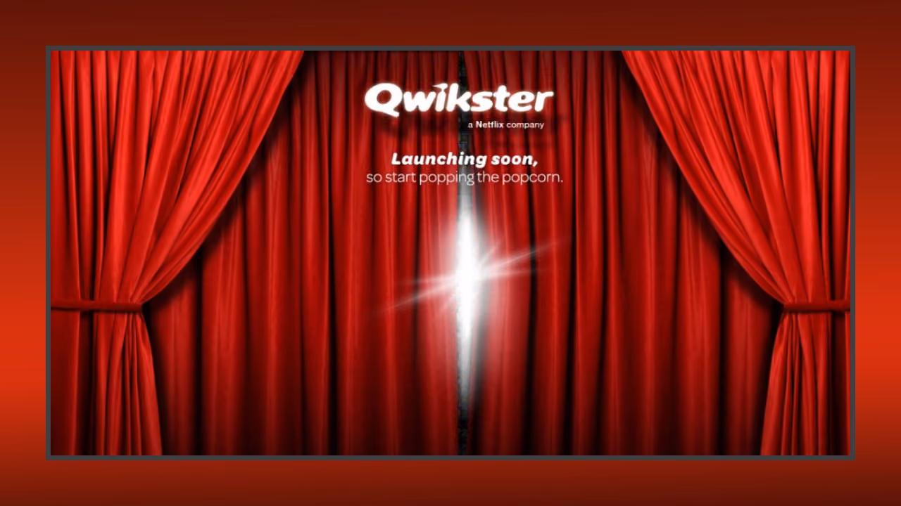 A Qwikster teaser: red theatre curtains parting on a burst of light, above the line 'a Netflix company — launching soon, so start popping the popcorn'