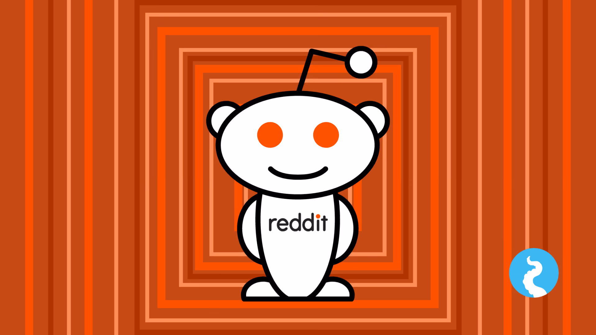 Reddit's Snoo mascot, white with orange eyes and an aerial, standing in front of concentric orange squares