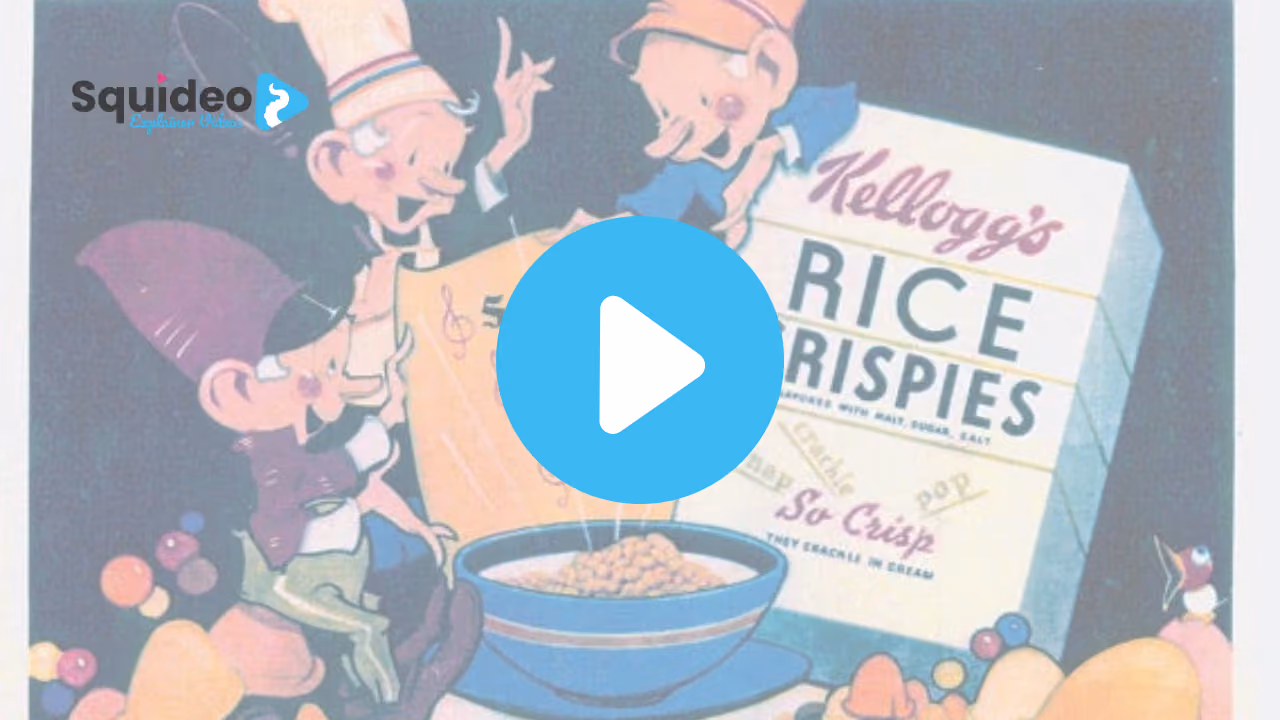 A vintage Kellogg's Rice Krispies advert: Snap, Crackle and Pop crowding round a bowl of cereal beside the packet