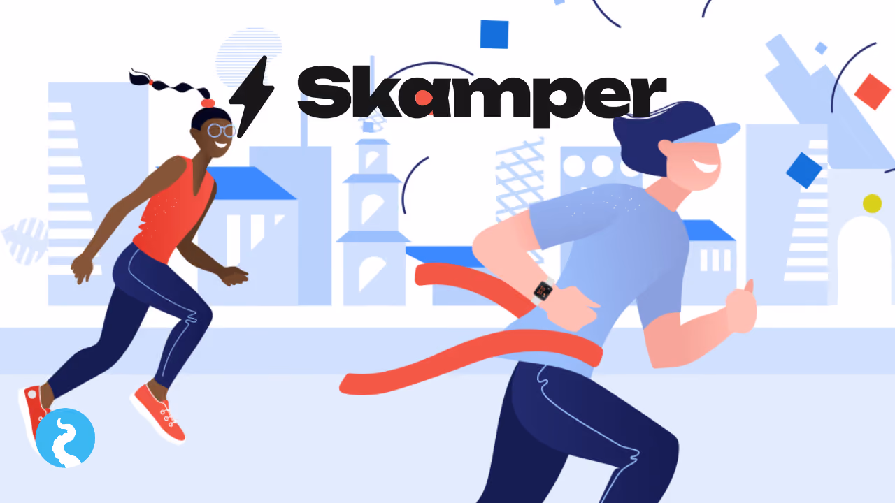 A Skamper thumbnail: two runners crossing a red finishing tape in front of a pale blue city skyline, the Skamper wordmark and lightning bolt above them