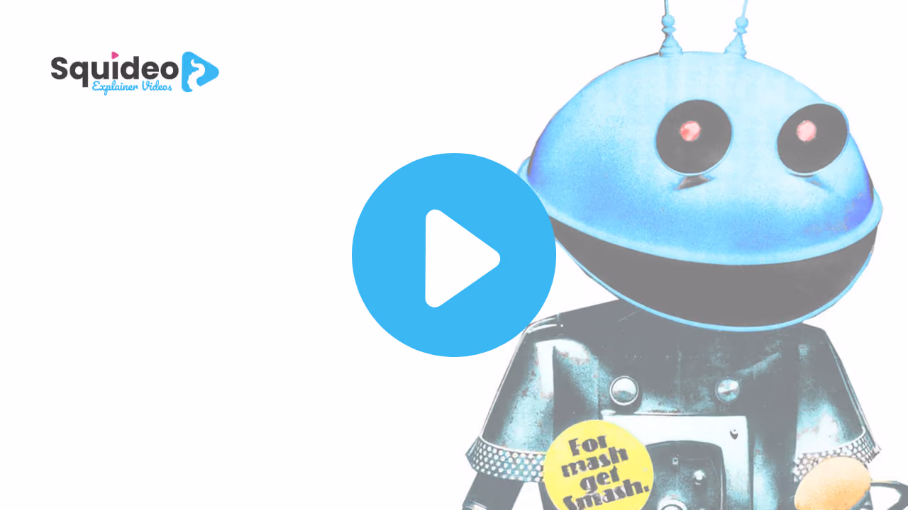 One of the Smash Martians — a blue domed head with antennae and a wide grin — wearing a badge reading 'For mash get Smash'