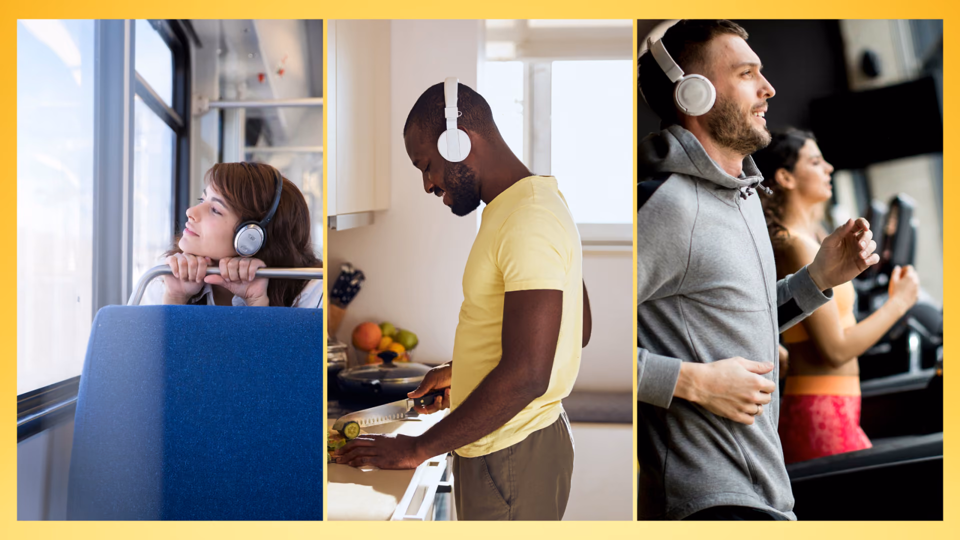 Three photographs of people listening on headphones: a woman on a bus looking out of the window, a man chopping vegetables in a kitchen, and a man running on a treadmill at the gym