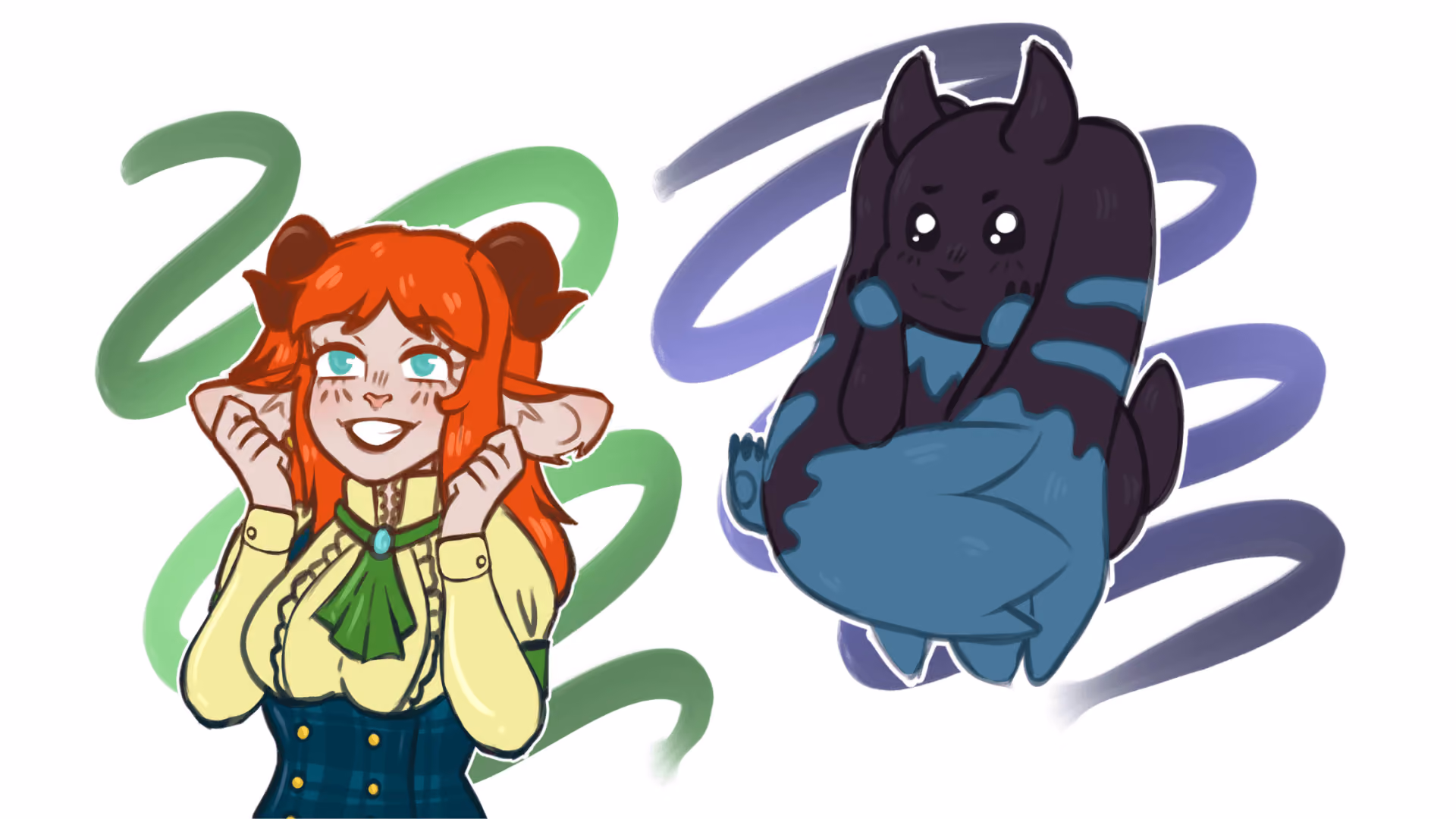 Two hand-drawn characters: a red-haired girl with horns and pointed ears in a yellow blouse and tartan pinafore, hands raised in delight; and a small dark round creature wrapped in a blue blanket