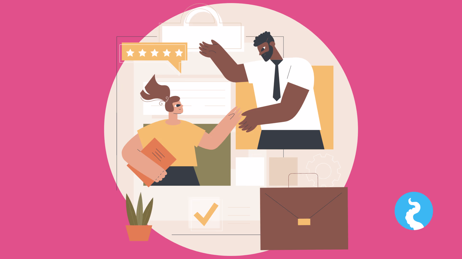 A flat illustration of two colleagues shaking hands over a document, a five-star review above them and a briefcase alongside