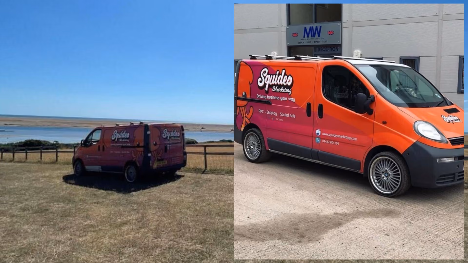Two photographs of the Squideo Marketing van: parked on dry grass above an estuary, and outside a unit at Martin Williams (Hull) Ltd, its side reading 'Driving business your way', 'PPC – Display – Social Ads', www.squideomarketing.com and 01482 804104
