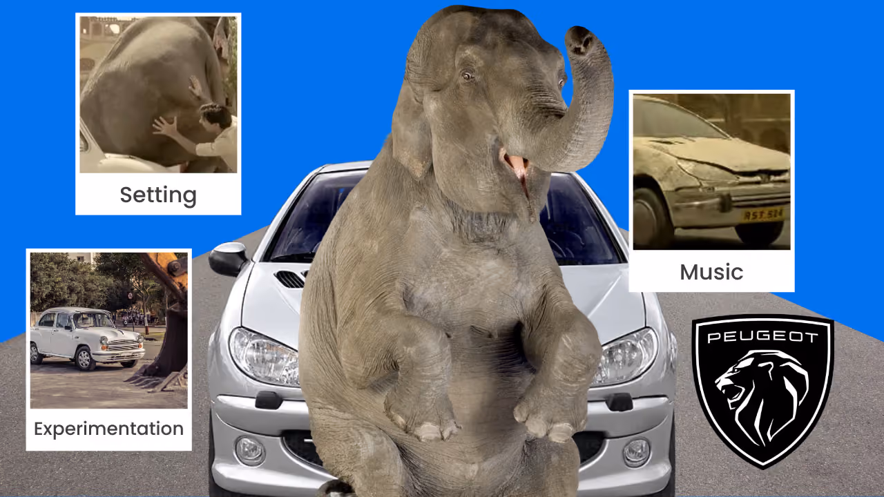 An elephant sitting on the bonnet of a silver Peugeot 206, with three cards naming what made the advert work: Setting, the elephant being pushed by hand; Experimentation, a white saloon car on an Indian street; and Music, a battered car with a crumpled wing