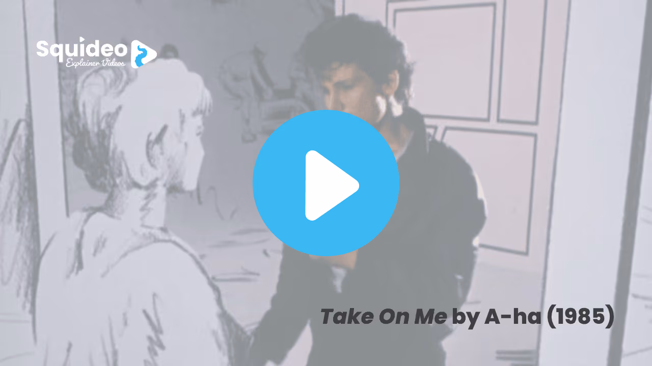 A still from Take On Me by A-ha, 1985: pencil-sketch rotoscoping, a woman drawn in scribbled black line reaching for a man who is half photograph, half drawing