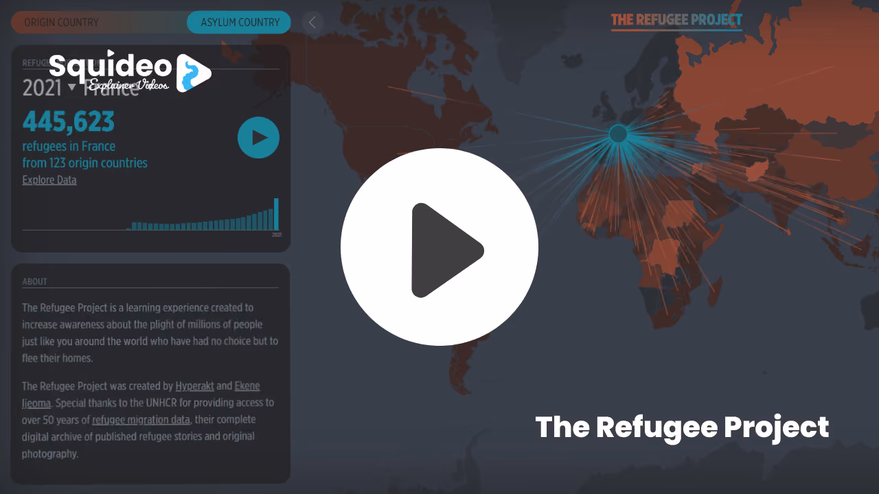 The Refugee Project: a dark world map with lines fanning out from a point in Europe to origin countries across Africa and Asia, and a panel reading 445,623 refugees in France from 123 origin countries in 2021