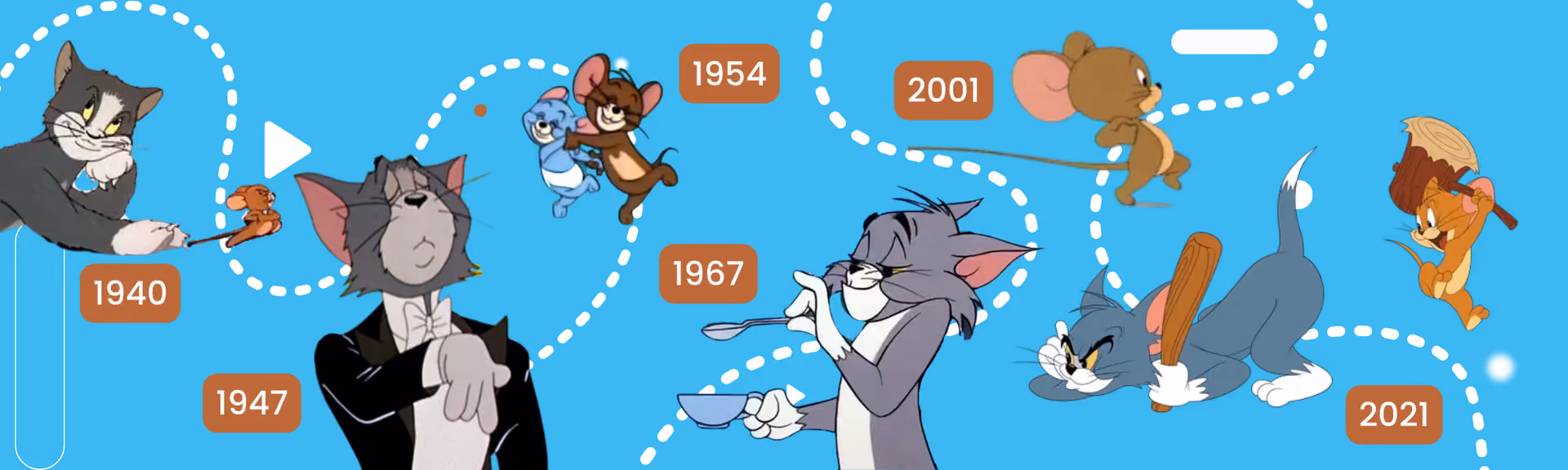 Tom and Jerry's design over six frames: 1940, a scruffier grey Tom holding Jerry by the tail; 1947, Tom in white tie; 1954, Jerry with the grey mouse Tuffy; 1967, Tom drinking tea with sharper, angular features; 2001, a rounder Jerry; 2021, the two mid-chase with a club and a mallet