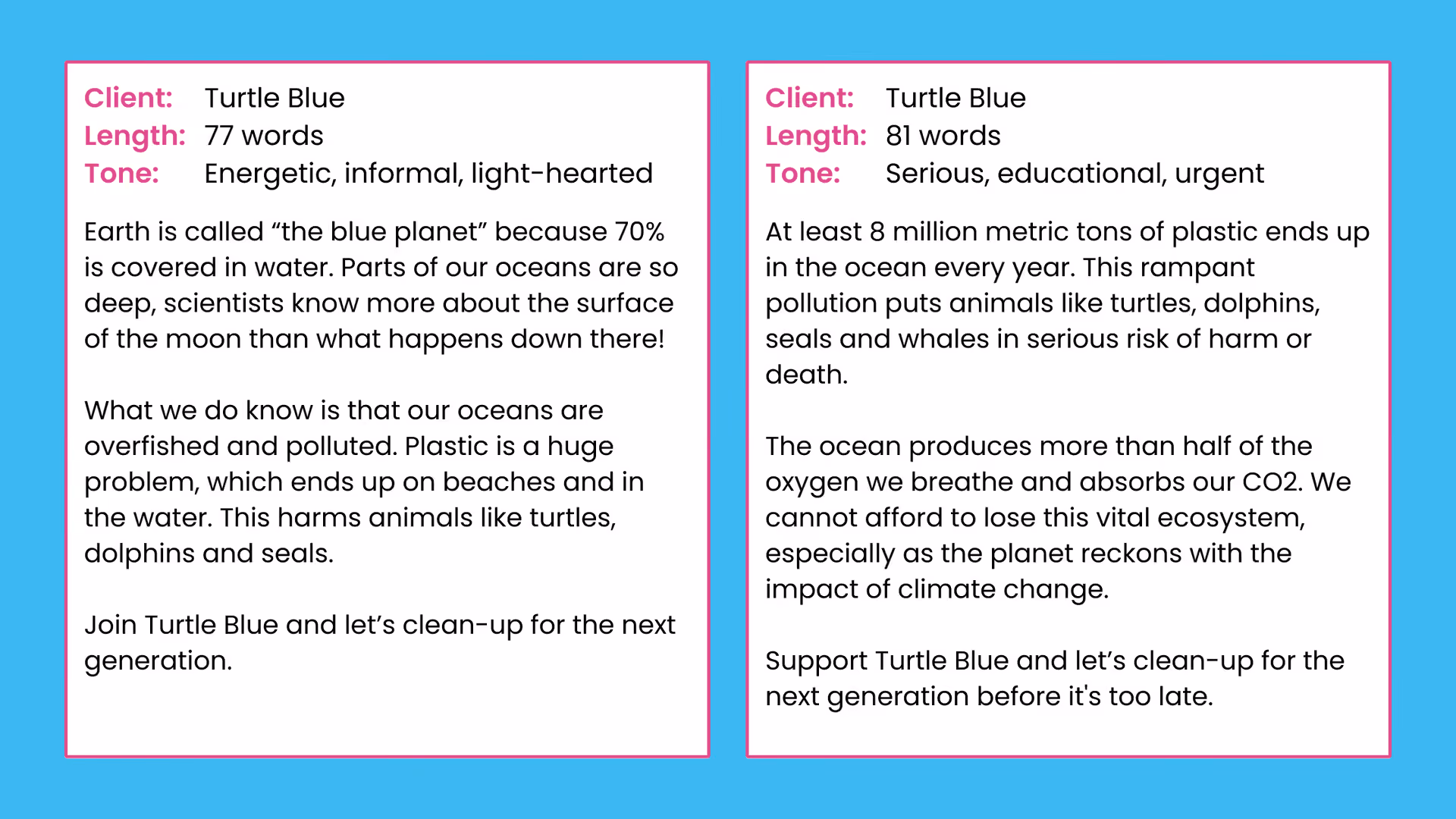 Two example scripts side by side for the same client, Turtle Blue. Left, 77 words, tone energetic, informal, light-hearted: 'Earth is called the blue planet because 70% is covered in water. Parts of our oceans are so deep, scientists know more about the surface of the moon than what happens down there. What we do know is that our oceans are overfished and polluted. Plastic is a huge problem, which ends up on beaches and in the water. This harms animals like turtles, dolphins and seals. Join Turtle Blue and let's clean-up for the next generation.' Right, 81 words, tone serious, educational, urgent: 'At least 8 million metric tons of plastic ends up in the ocean every year. This rampant pollution puts animals like turtles, dolphins, seals and whales in serious risk of harm or death. The ocean produces more than half of the oxygen we breathe and absorbs our CO2. We cannot afford to lose this vital ecosystem, especially as the planet reckons with the impact of climate change. Support Turtle Blue and let's clean-up for the next generation before it's too late.'