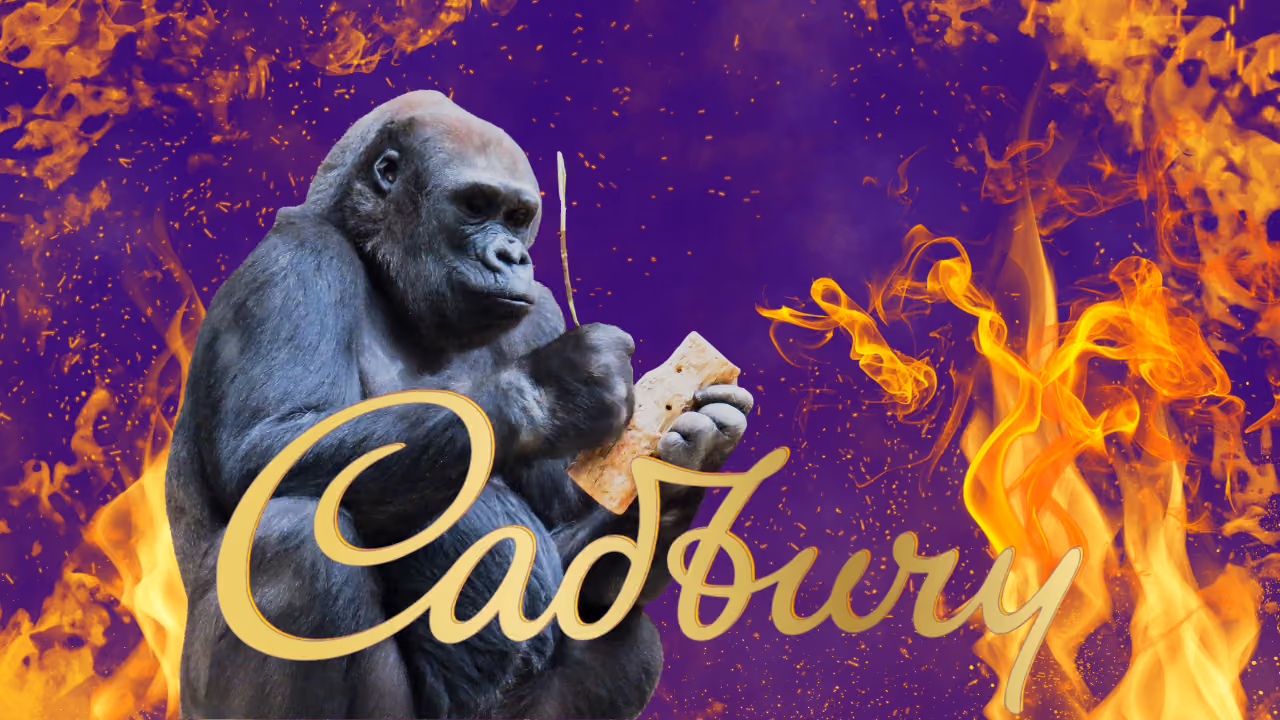 The Cadbury gorilla surrounded by flames on a purple background, holding a burnt scrap of paper and a match, the gold Cadbury script across the frame