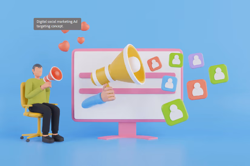 A 3D illustration of a man in a chair with a megaphone, a second megaphone coming out of a monitor behind him, scattering user icons