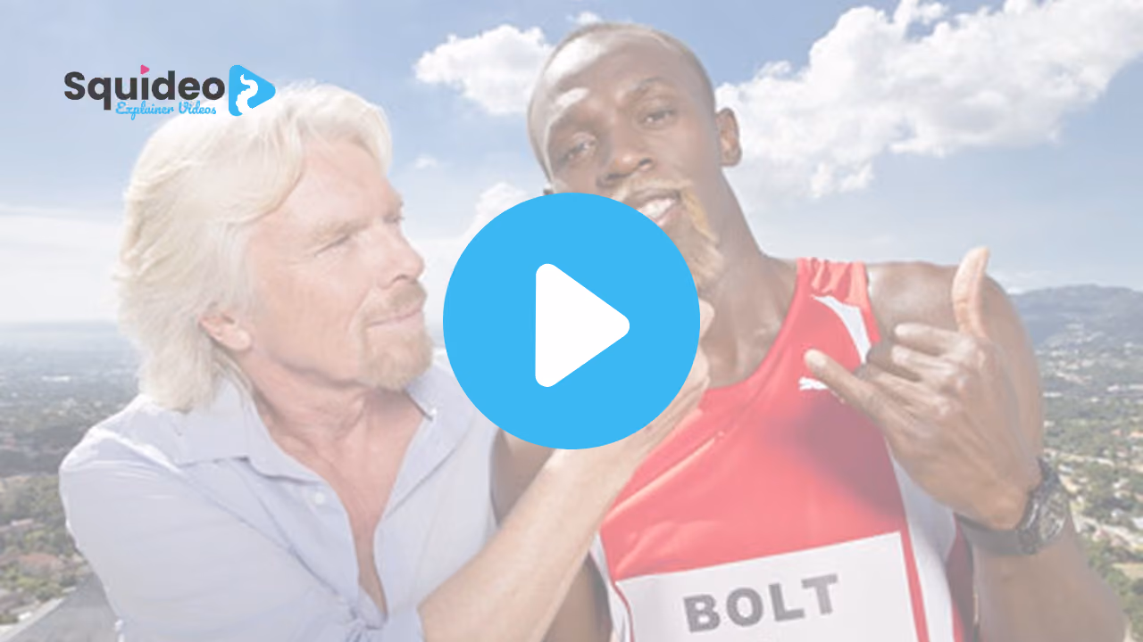 Richard Branson with his arm round Usain Bolt, who is in a red running vest with BOLT on the number
