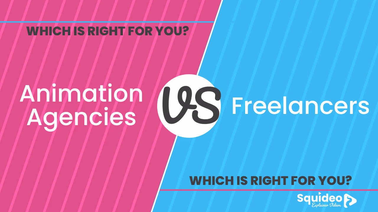 A title card split diagonally, pink against blue: 'Animation Agencies vs Freelancers — which is right for you?'
