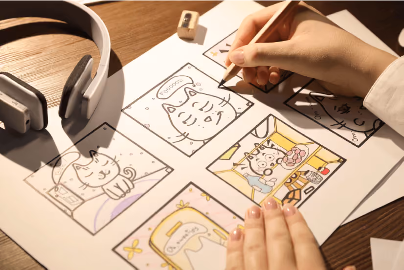 Hands drawing a storyboard of cat cartoons on paper, some panels inked and some coloured, headphones on the desk