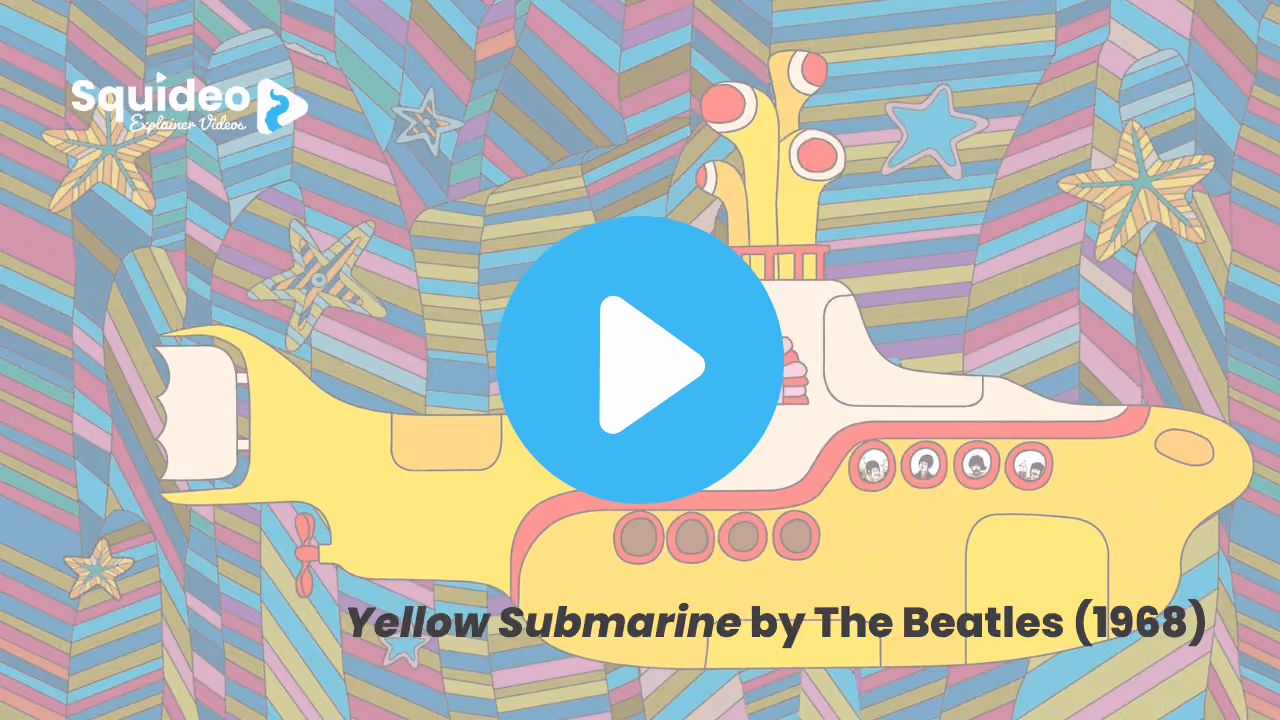 A still from Yellow Submarine by The Beatles, 1968: the flat psychedelic yellow submarine against candy-striped seaweed and starfish, the four faces in its portholes
